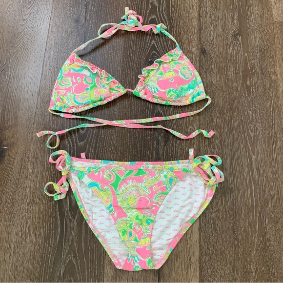 Lilly Pulitzer Womens green/ pink chin chin elephant printed tie bikini set S - Picture 1 of 11